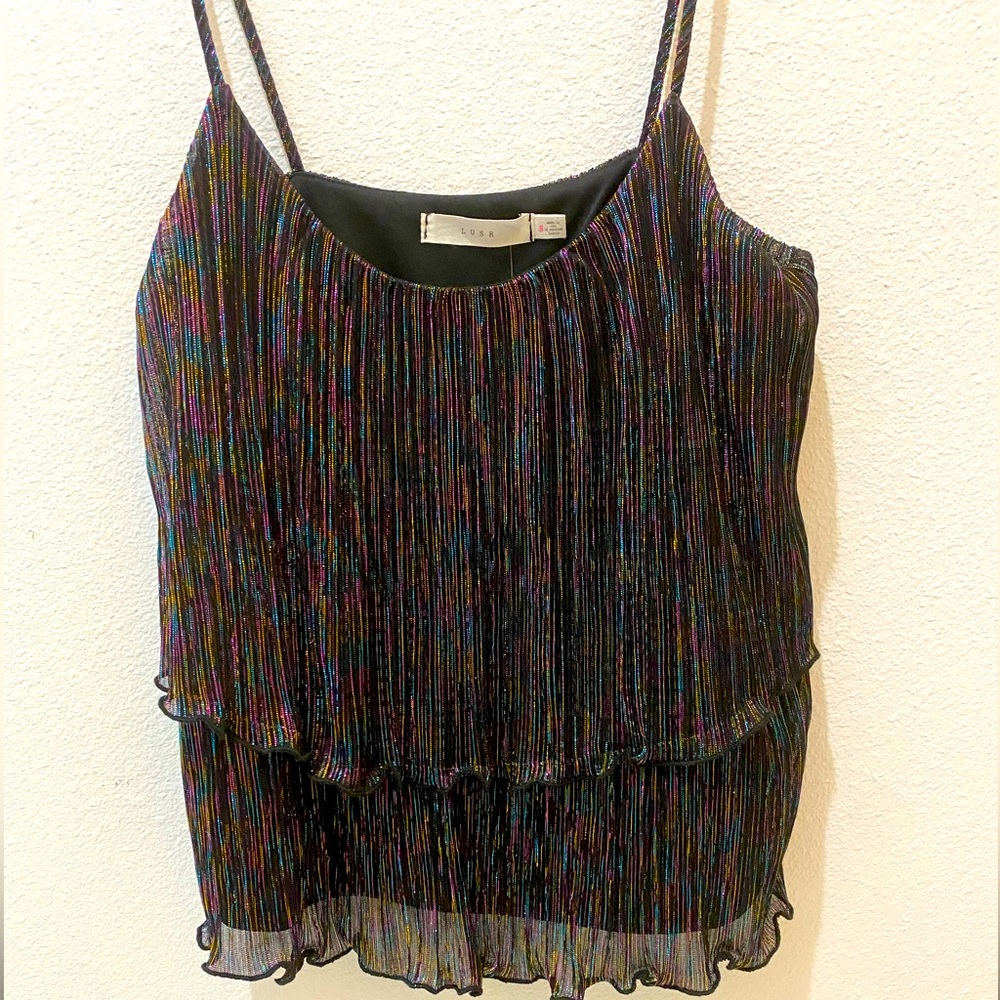 Lush Ladies Black Rainbow Metallic Dressy Tiered Cami/Tank Top - S